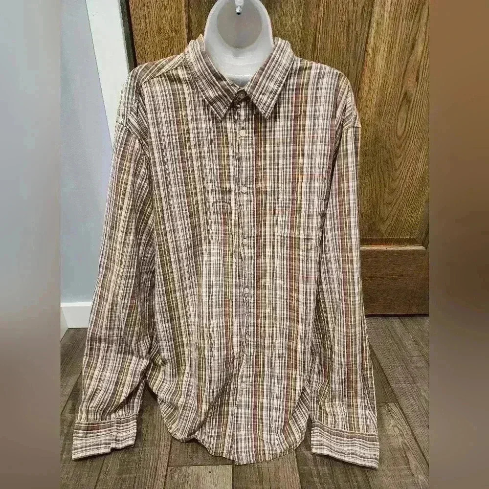 Chaps Shirt Men's 2XL XXL Yellow Red Brown Plaid Long Sleeve Button Down